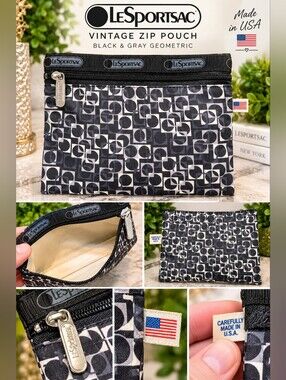 Vintage LeSportsac Black & Gray Geometric Zip Pouch - Made in USA